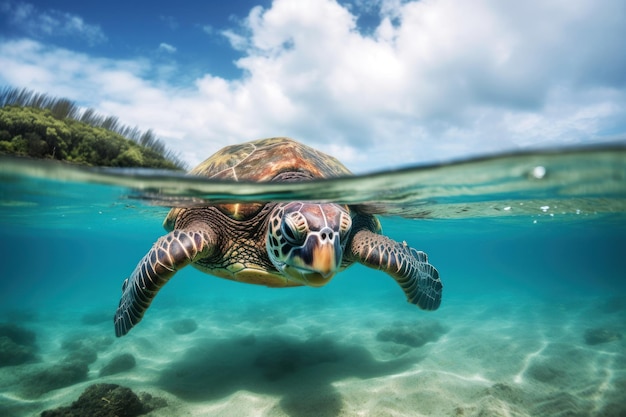 A turtle swimming under the water in maui