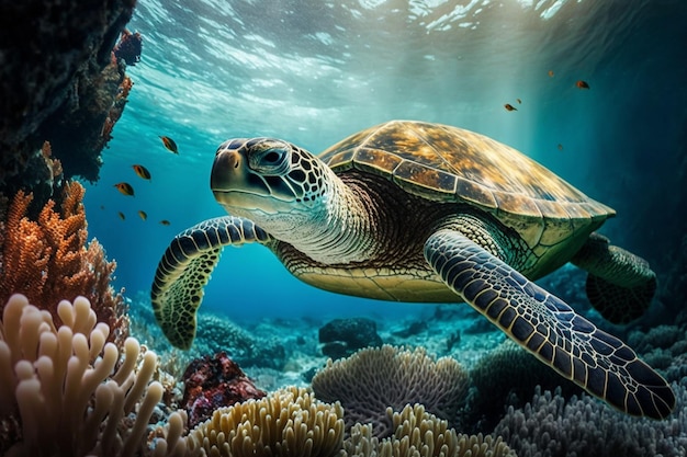 A turtle swimming under the water with fish in the background