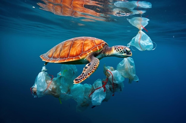 a turtle swimming in the water with the sun reflecting on the surface