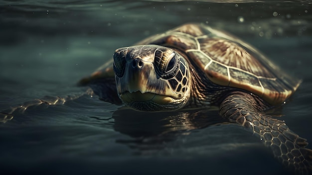 A turtle swimming in the water with the word sea on the front.