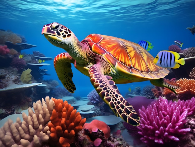 Turtle swims over colorful corals in the ocean