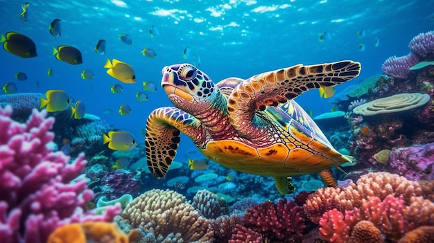 A turtle swims in a coral reef.