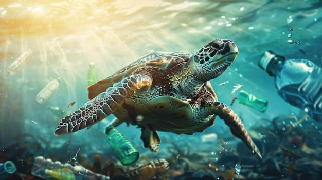 Photo a turtle swims in the ocean among a lot of garbage and plastic bottles