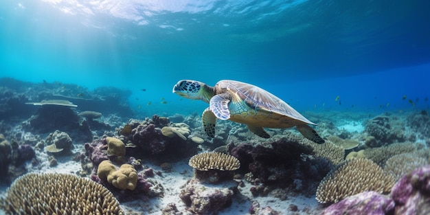 A turtle swims in the ocean with corals and fish in the background