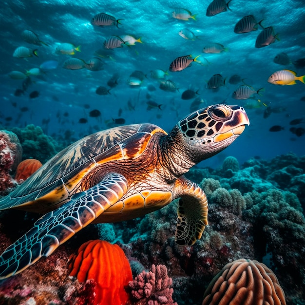 A turtle swims under the ocean with fish in the background.