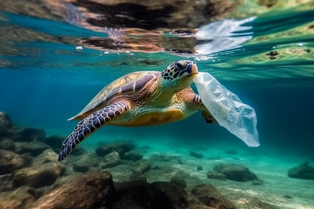 A turtle swims in the ocean with a plastic bag.