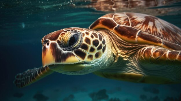 A turtle swims in the ocean.