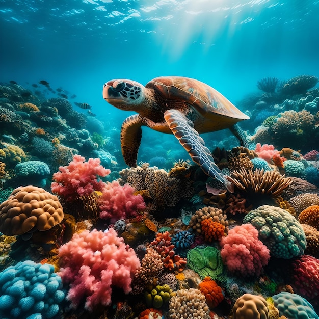 Turtle swims in sea Animals of the underwater marine world Ocean Ecosystem Tropical fish