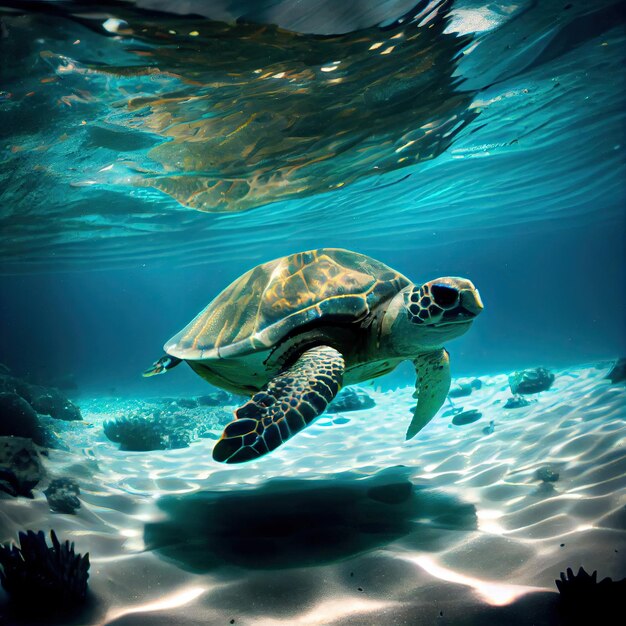 The turtle swims underwater Generative AI