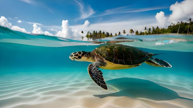 A turtle swims under the water in the bahamas.