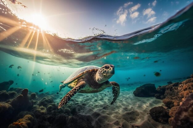 A turtle swims under the water in the bahamas.