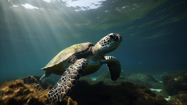 A turtle swims under the water in mexico.