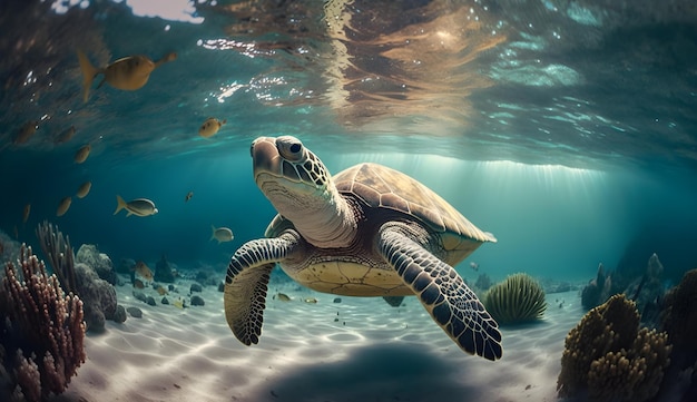 거북이가 바다의 물속에서 헤엄치고 있습니다.