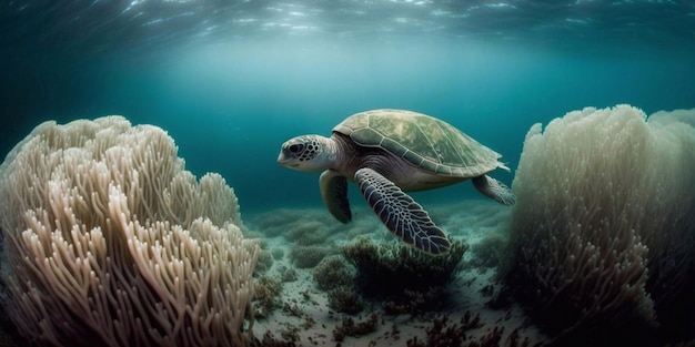 Черепаха плавает под водой на фоне кораллов.