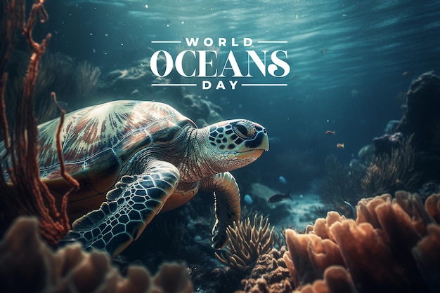 Photo a turtle swims in the water with the words world oceans day on it.