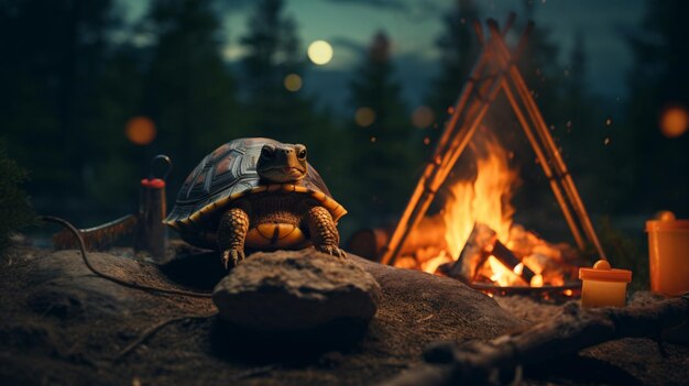 A Turtle Next To Tiny Campfire Setup As If Wallpaper