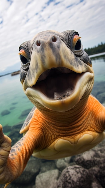 Turtle touches camera taking selfie Funny selfie portrait of animal