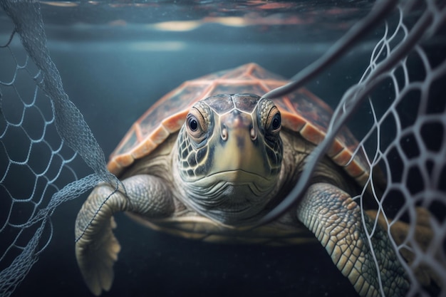 Turtle trapped in fishing net Eocoly concept Generative AI