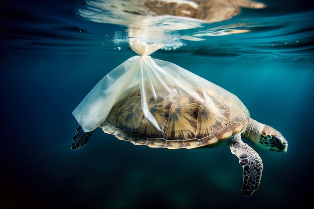 北太平洋に浮かぶプラスチックゴミに閉じ込められたカメの水中写真