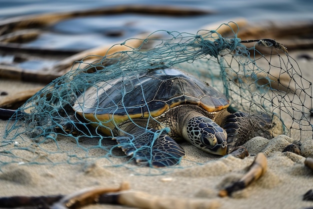 浜辺に横たわっているプラスチックゴミに閉じ込められたカメ 生態学的災害の概念