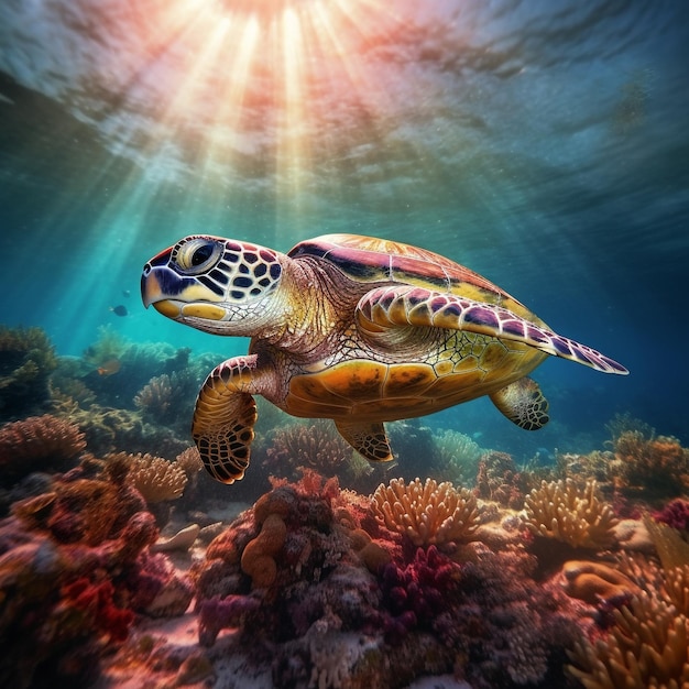 Turtle underwater with coral and sunbeam Generative AI