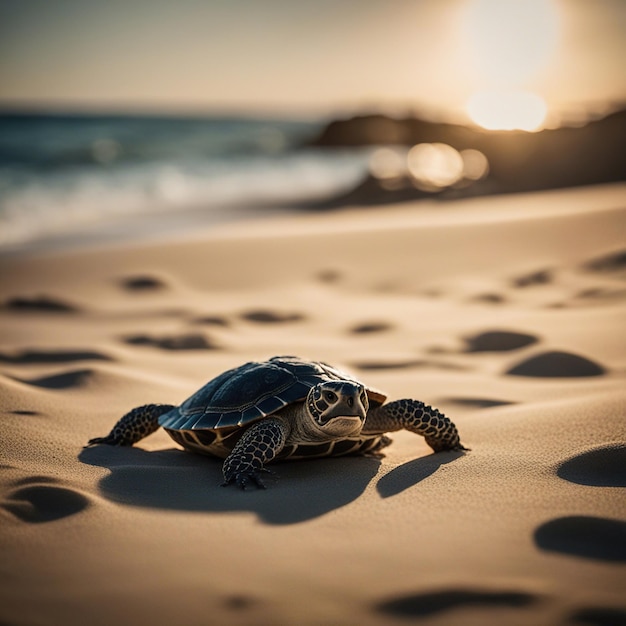 Photo turtle walking in the sand on the beach