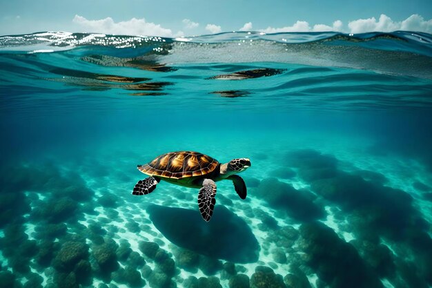A turtle walks across the ocean