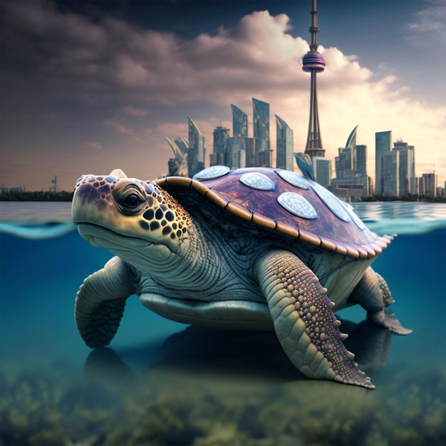 Turtle in the water with a city in the background