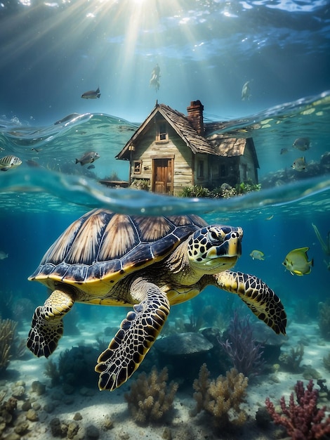 Turtle under water with house