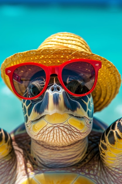 A turtle wearing glasses and a hat is relaxing on a tropical beach