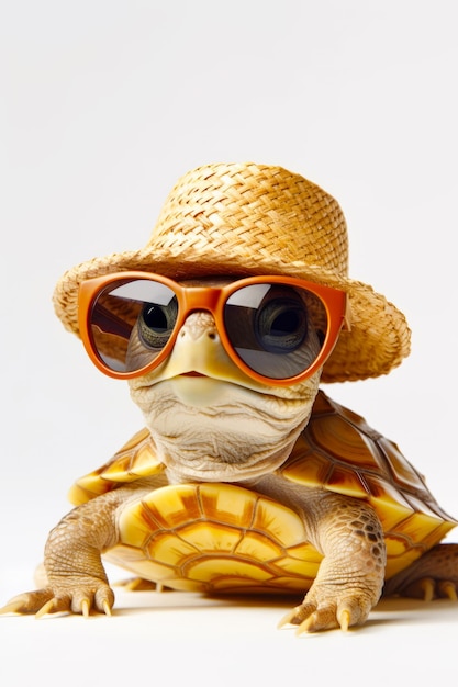 Turtle wearing straw hat sunglasses and straw hat on it's head Generative AI