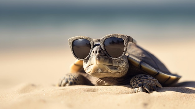 Turtle wearing sunglasses on the beach