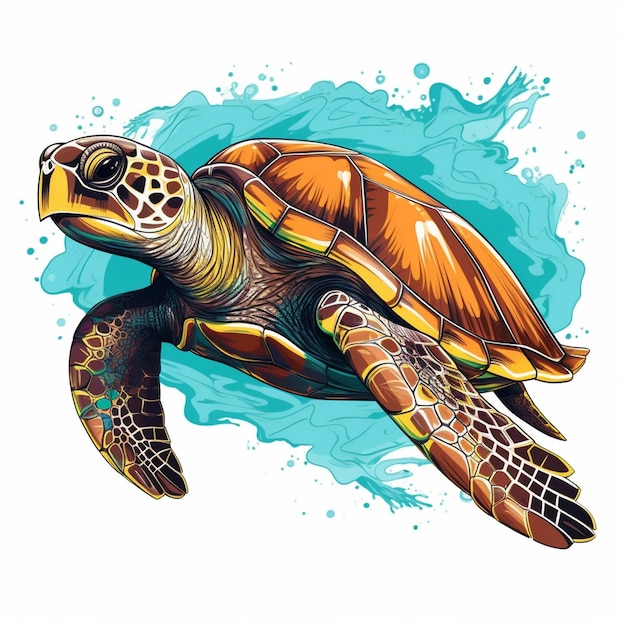 A turtle with a blue background and the words sea turtle on it.