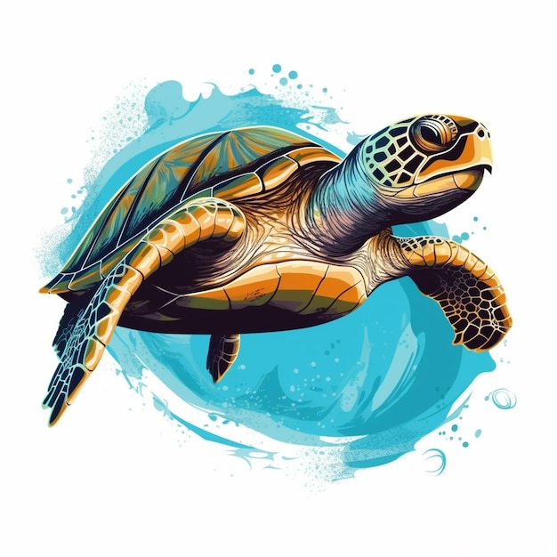 A turtle with a blue background and the words sea turtle on it