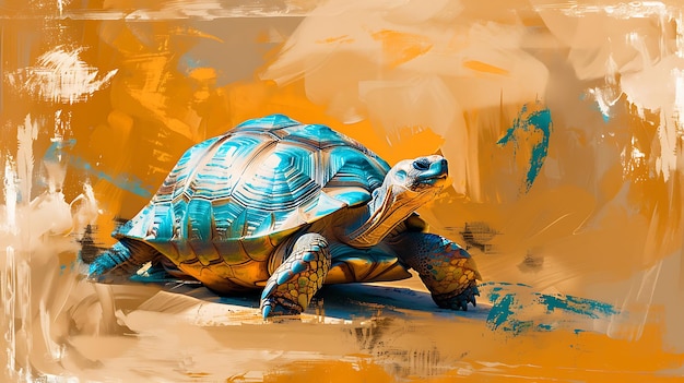 Foto una tartaruga con un corpo blu e uno sfondo giallo