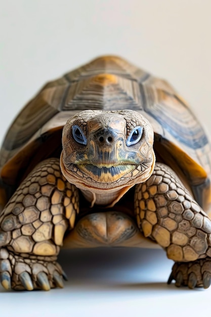 Turtle with blue eyes sits on white surface