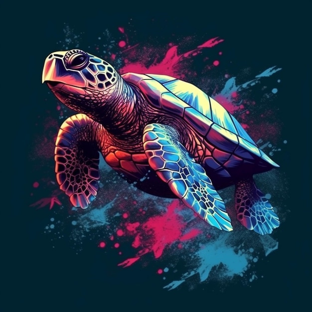 A turtle with a blue and pink pattern on its chest