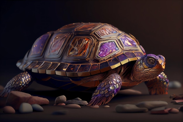 A turtle with a colorful mosaic on its face