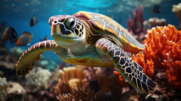 Turtle with colorful tropical fish and animal sea life in the coral reef