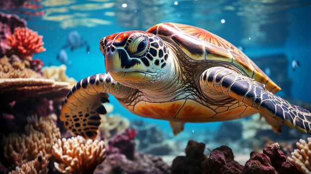 turtle with Colorful tropical fish and animal sea life in the coral reef