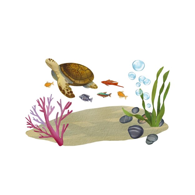 Photo a turtle with exotic fish swims off the bottom next to corals and algae watercolor illustration of tropical marine animals the drawing is suitable for postcards websites clothes