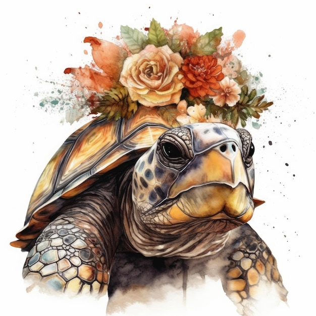 A turtle with a flower crown on his head