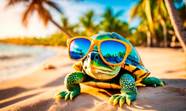 turtle with glasses on a background of palm trees Selective focus