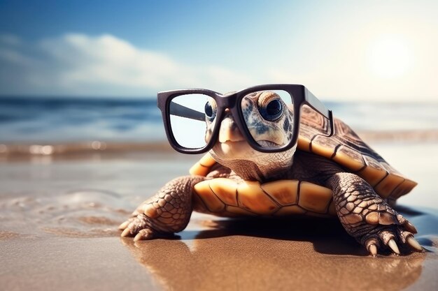 Turtle with glasses in sea beach background AI