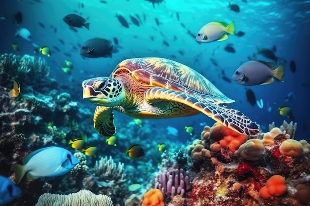 turtle with group of colorful fish and sea animals AI generated