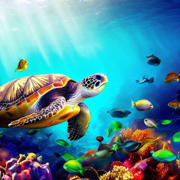 Turtle with group of colorful fish and sea animals with colorful coral underwater in ocean