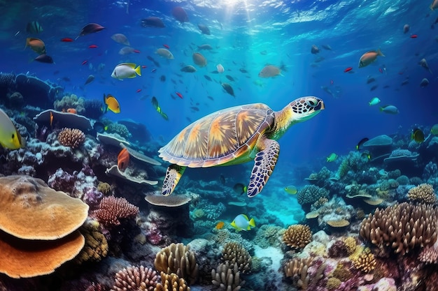 turtle with group of colorful fish and sea animals