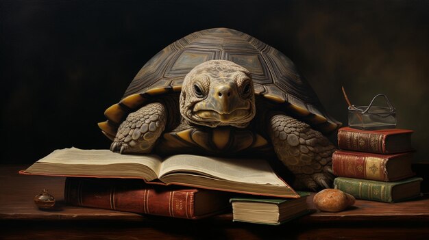 Photo a turtle with mini book as if scholar ar wallpaper