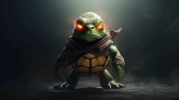 A turtle with orange eyes is standing in front of a dark background.