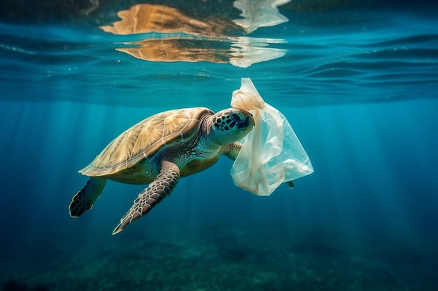 A turtle with a plastic bag in its mouth is swimming in the ocean.